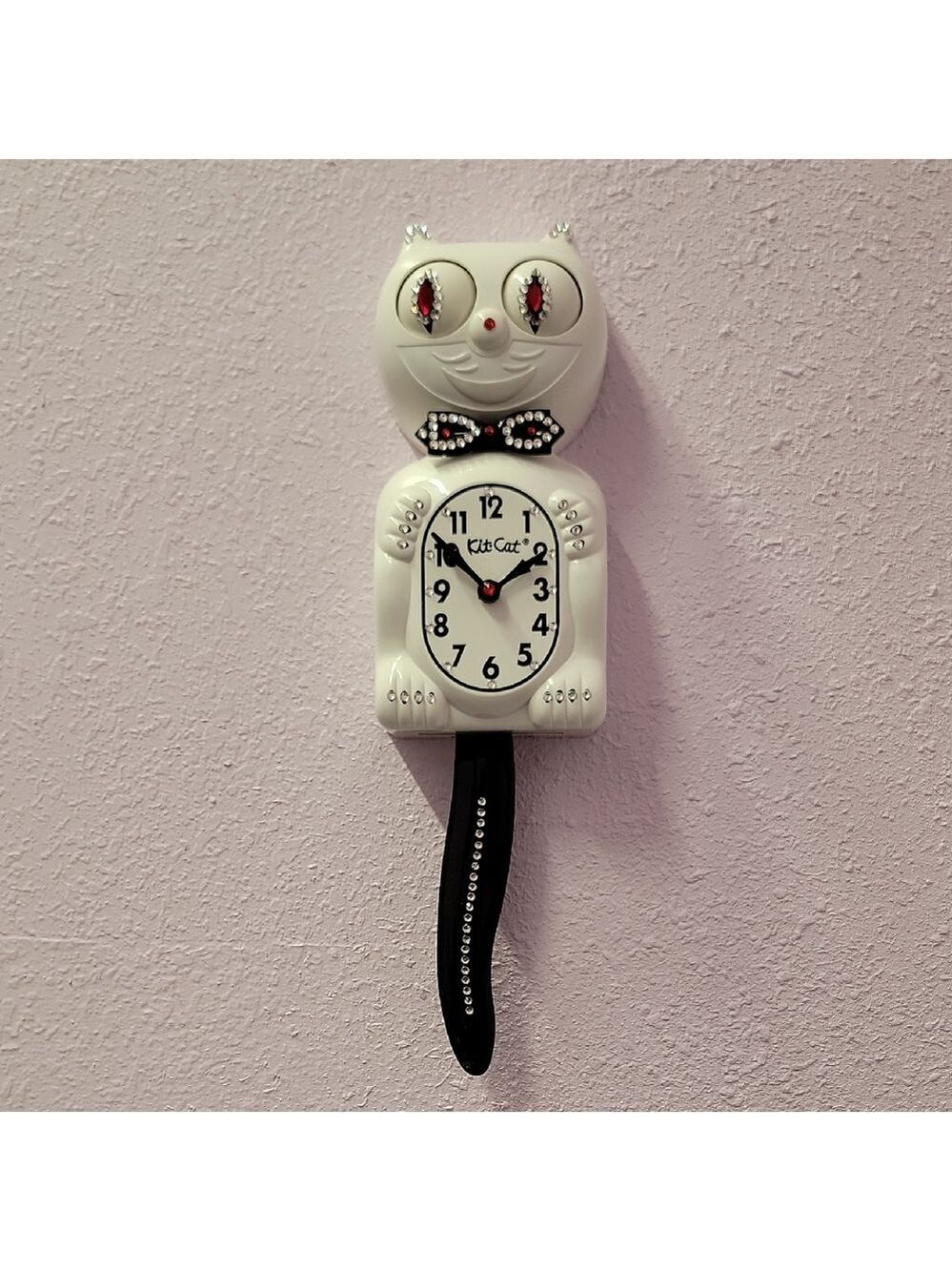 Jeweled White Kit-Cat Klock clock with black bow tie and tail - Picture 2 of 5
